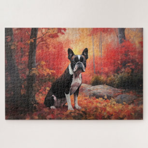 Boston Terrier in herfstbladeren val inspireert Legpuzzel
