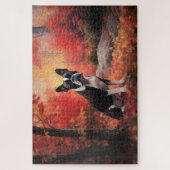 Boston Terrier in herfstbladeren val inspireert Legpuzzel (Verticaal)