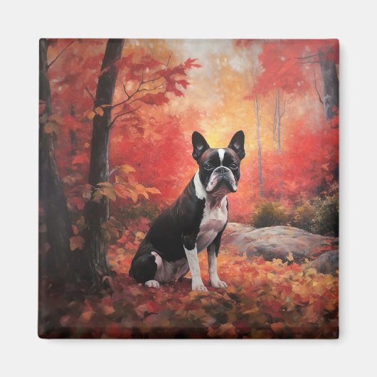 Boston Terrier in Herfstbladeren val inspireert Magneet (Voorkant)