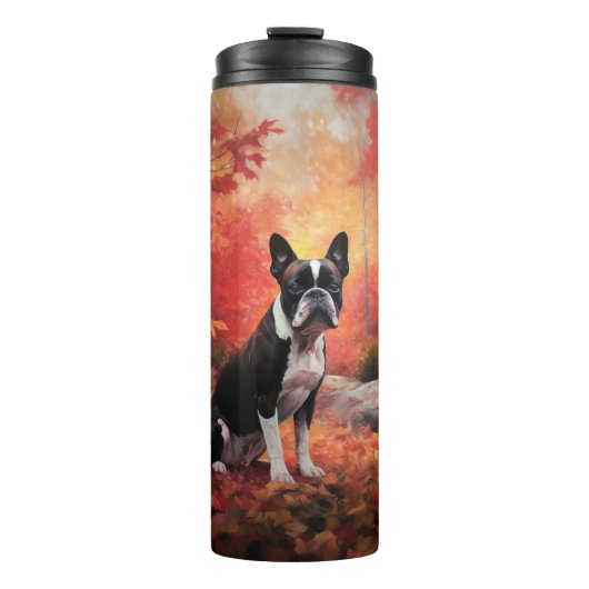 Boston Terrier in herfstbladeren val inspireert Thermosbeker (Voorkant)