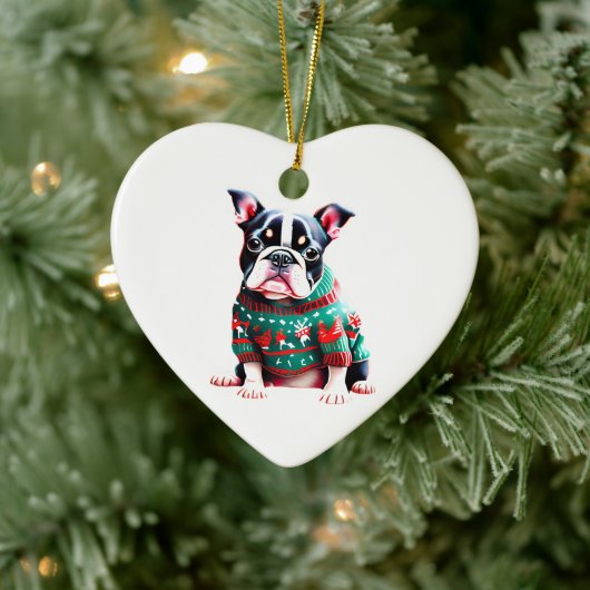 Boston Terrier in Kersttrui Keramisch Ornament (Boom)