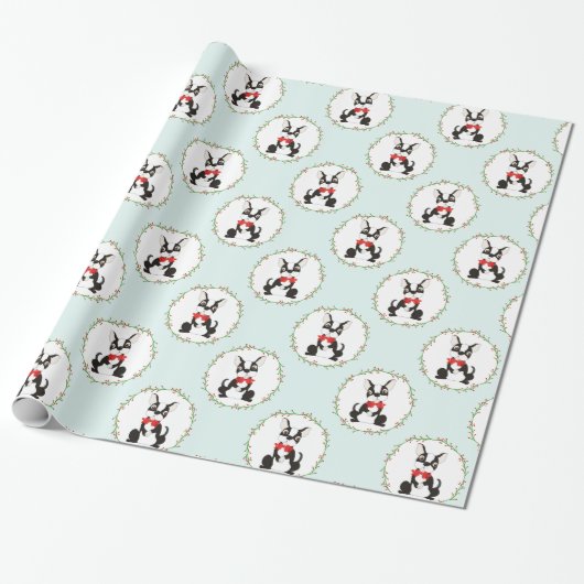 Boston Terrier in Red Bow Stropdas Kerst Cadeaupapier (Uitgerold)