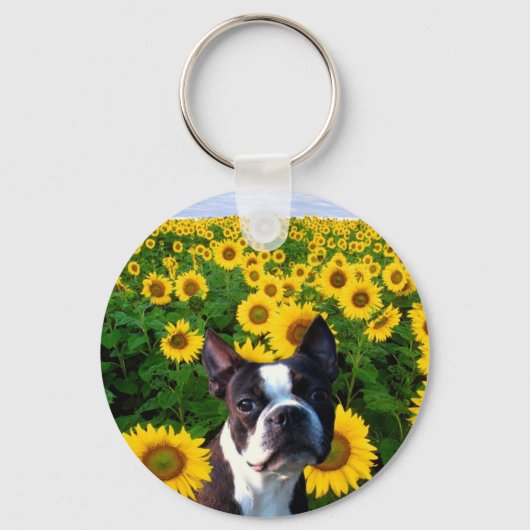 Boston Terrier in Sunflower sleutelhanger (Voorkant)
