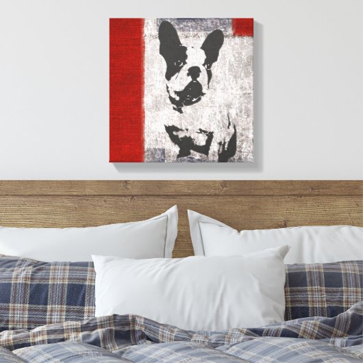 Boston Terrier in zwart-wit met rode grens Canvas Afdruk (Insitu (Slaapkamer))