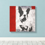 Boston Terrier in zwart-wit met rode grens Canvas Afdruk (Insitu (Houten vloer))