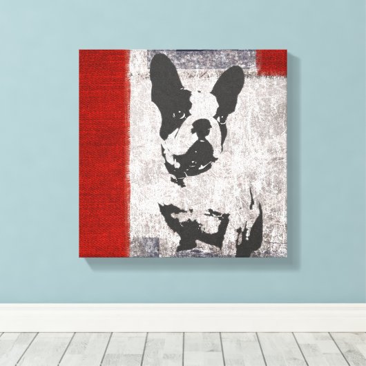 Boston Terrier in zwart-wit met rode grens Canvas Afdruk (Insitu (Houten vloer))