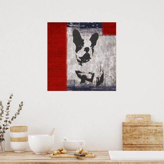 Boston Terrier in zwart-wit met rode grens Poster (Keuken)