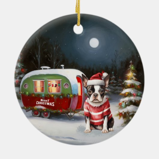 Boston Terrier Karavaan Kerst Avontuur Keramisch Ornament (Achterkant)