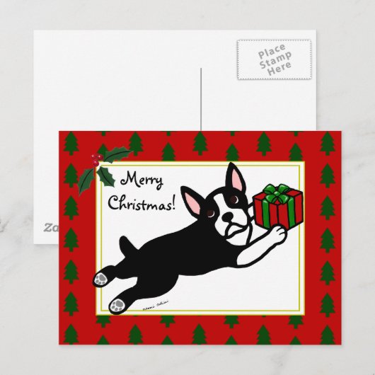Boston Terrier Kerst 2 Cartoon Feestdagenkaart (Voorkant / Achterkant)