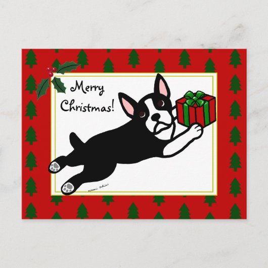 Boston Terrier Kerst 2 Cartoon Feestdagenkaart (Voorkant)