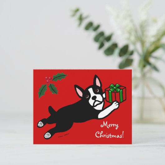 Boston Terrier Kerst 2 Cartoon Feestdagenkaart (Staand voorkant)