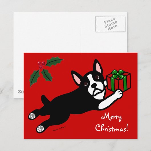Boston Terrier Kerst 2 Cartoon Feestdagenkaart (Voorkant / Achterkant)