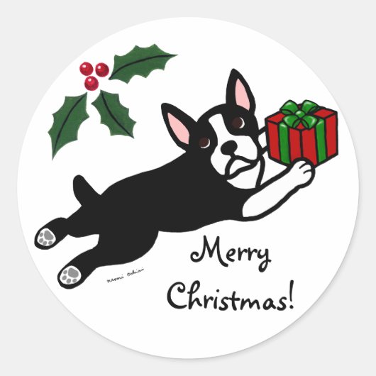Boston Terrier Kerst 2 Cartoon Ronde Sticker (Voorkant)