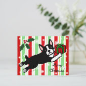 Boston Terrier Kerst 2 Cartoon Sneeuwvlokken Feestdagenkaart (Staand voorkant)