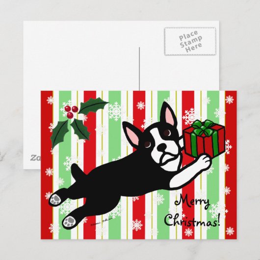 Boston Terrier Kerst 2 Cartoon Sneeuwvlokken Feestdagenkaart (Voorkant / Achterkant)