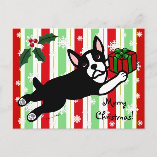 Boston Terrier Kerst 2 Cartoon Sneeuwvlokken Feestdagenkaart (Voorkant)