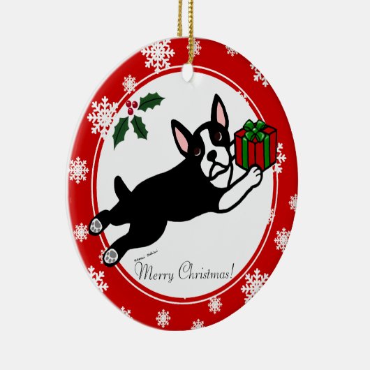 Boston Terrier Kerst 2 Cartoon Sneeuwvlokken Keramisch Ornament (Rechts)