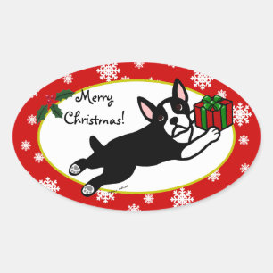 Boston Terrier Kerst 2 Cartoon Sneeuwvlokken Ovale Sticker