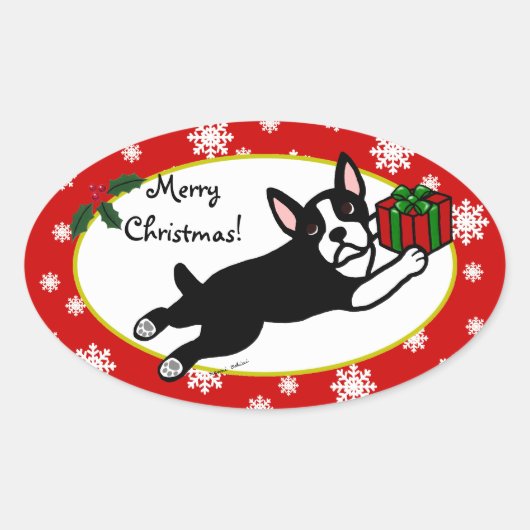 Boston Terrier Kerst 2 Cartoon Sneeuwvlokken Ovale Sticker (Voorkant)
