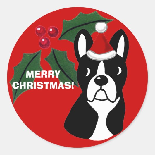 Boston Terrier Kerst Cartoon Ronde Sticker (Voorkant)