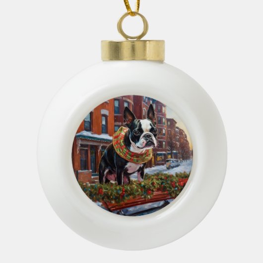 Boston Terrier Kerst Feestelijke Periode Keramische Bal Ornament (Voorkant)