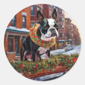 Boston Terrier Kerst Feestelijke Periode Ronde Sticker (Voorkant)