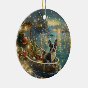 Boston Terrier Kerst Feestelijke Reis Keramisch Ornament