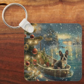Boston Terrier Kerst Feestelijke Reis Sleutelhanger (Voorkant)