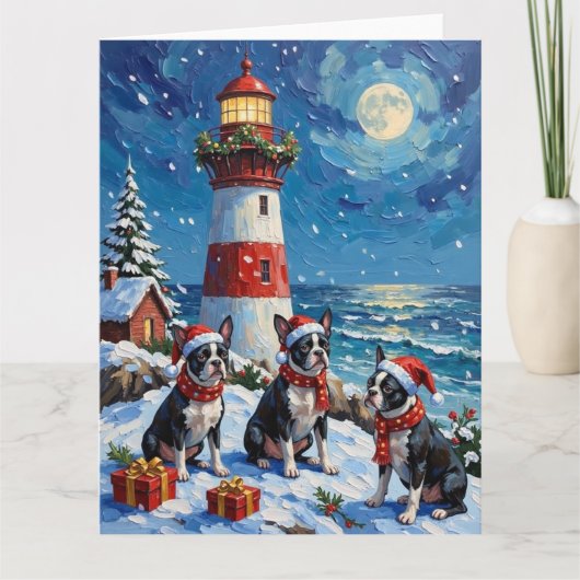 Boston Terrier Kerst Lichtbaken Vakantie Kaart (Voorkant)