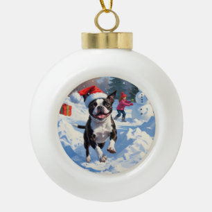 Boston Terrier Kerst Sneeuwlandschap Keramische Bal Ornament