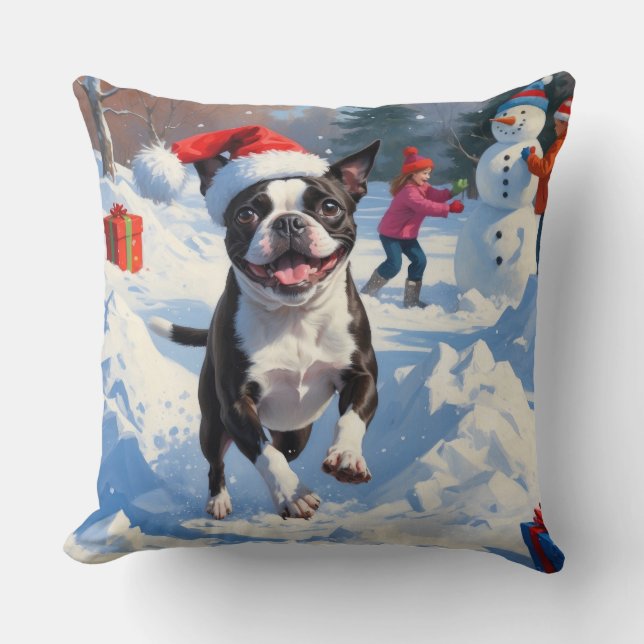 Boston Terrier Kerst Sneeuwlandschap Kussen (Voorkant)