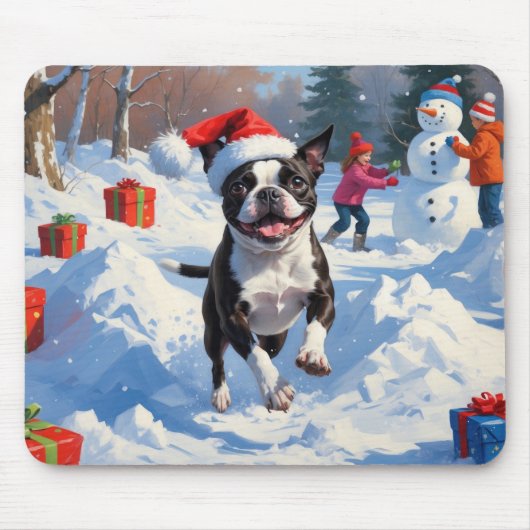 Boston Terrier Kerst Sneeuwlandschap Muismat (Voorkant)