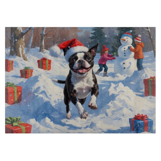 Boston Terrier Kerst Sneeuwlandschap Snijplank (Voorkant)