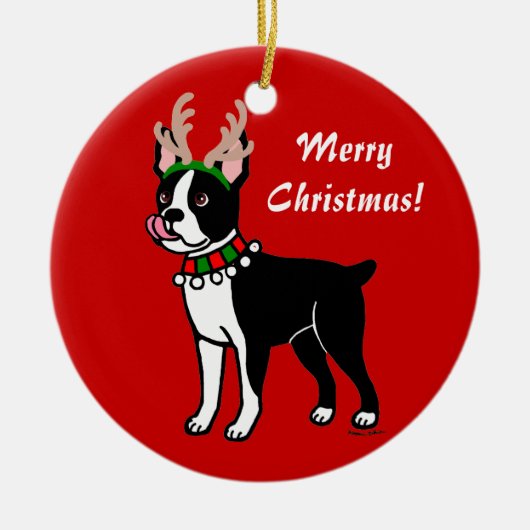 Boston Terrier KerstAntlers Keramisch Ornament (Voorkant)