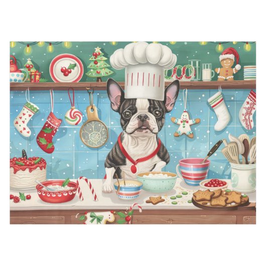 Boston Terrier Kerstbakken: Feestelijke Kerstmis Tafelkleed (Voorkant (Horizontaal))