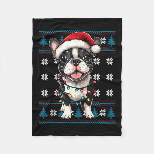 Boston Terrier Kerstboom verlicht Bostie lelijk Fleece Deken (Voorkant)