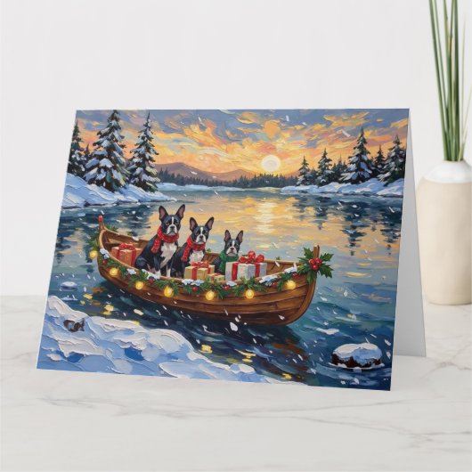 Boston Terrier Kerstboot Vakantie Kaart (Voorkant)