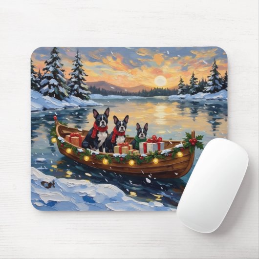 Boston Terrier Kerstboot Vakantie Muismat (Met muis)