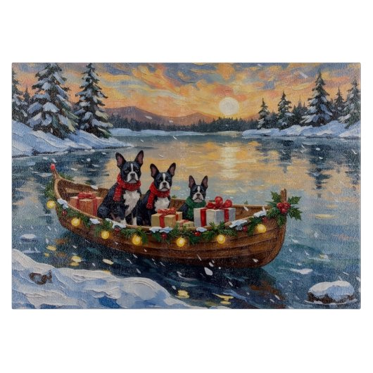 Boston Terrier Kerstboot Vakantie Snijplank (Voorkant)