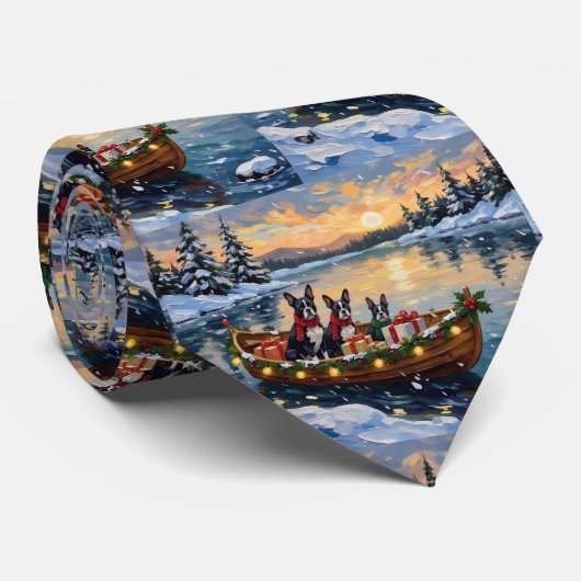 Boston Terrier Kerstboot Vakantie Stropdas (Opgerold)