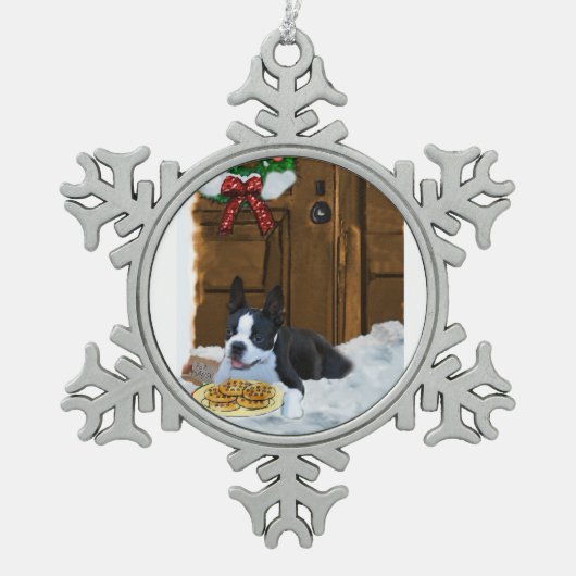 Boston Terrier-kerstcadeautjes Tin Sneeuwvlok Ornament (Voorkant)