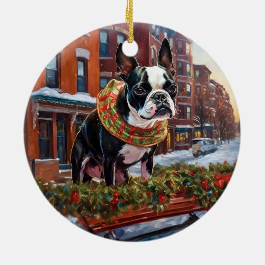 Boston Terrier Kerstfeest Seizoen Keramisch Ornament (Achterkant)