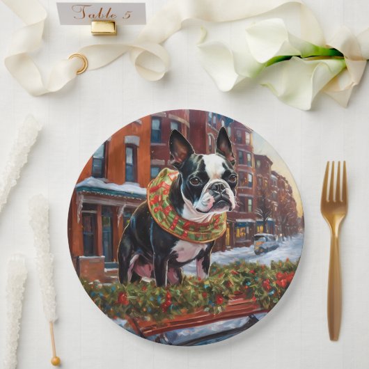 Boston Terrier Kerstfeest Seizoen Papieren Bordje (Huwelijk)