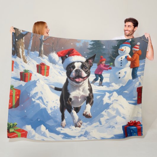 Boston Terrier Kerstfeest Sneeuwlandschap Fleece Deken (In situ)