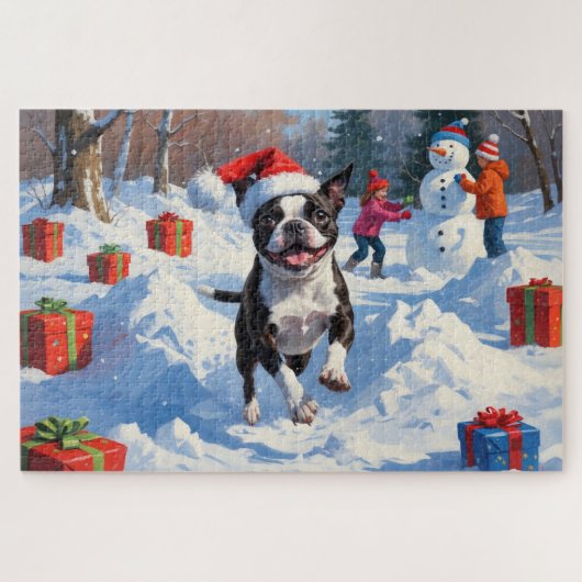 Boston Terrier Kerstfeest Sneeuwlandschap Legpuzzel (Horizontaal)
