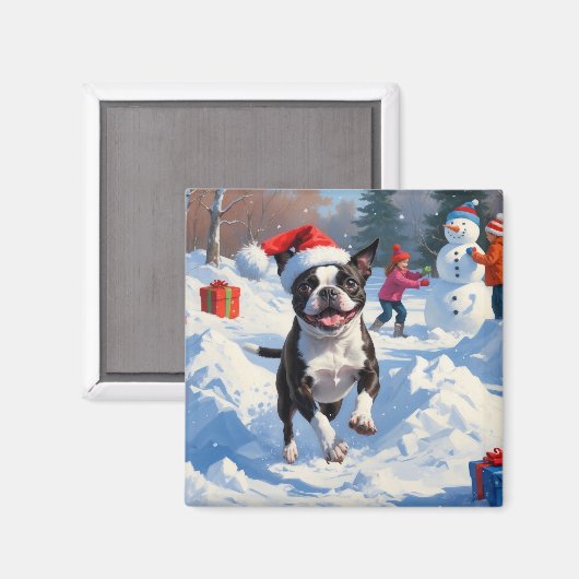 Boston Terrier Kerstfeest Sneeuwlandschap Magneet (Voorkant / Achterkant)