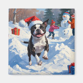 Boston Terrier Kerstfeest Sneeuwlandschap Magneet (Voorkant)