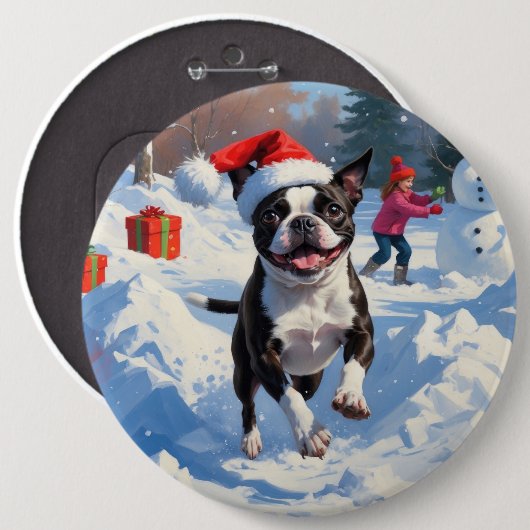 Boston Terrier Kerstfeest Sneeuwlandschap Ronde Button 6,0 Cm (Voorkant /achterkant)