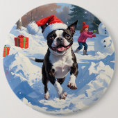 Boston Terrier Kerstfeest Sneeuwlandschap Ronde Button 6,0 Cm (Voorkant)