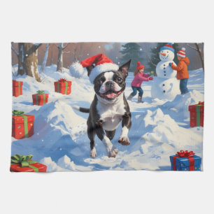 Boston Terrier Kerstfeest Sneeuwlandschap Theedoek